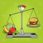 58449819-Balance-scales-with-food-comic-book-pop-art-retro-style-vector-illustration-Healthy-food-Stock-Vector